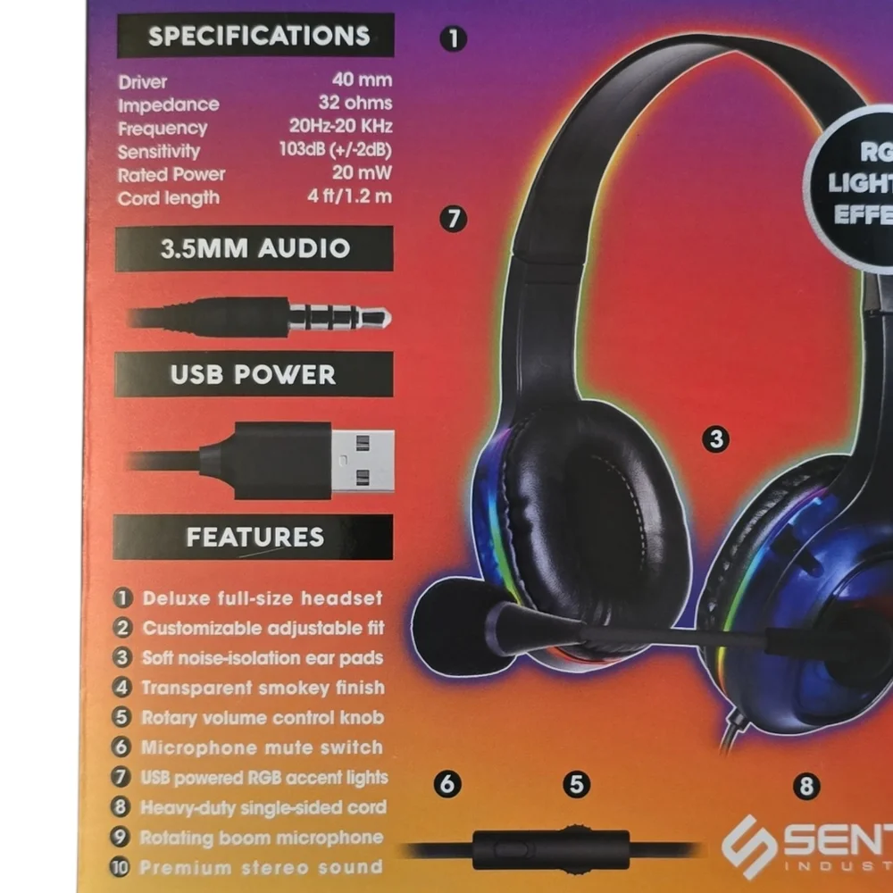 NEW Sentry Light Up Headset Headphones and Boom Mic Gaming Volume Control Mute +